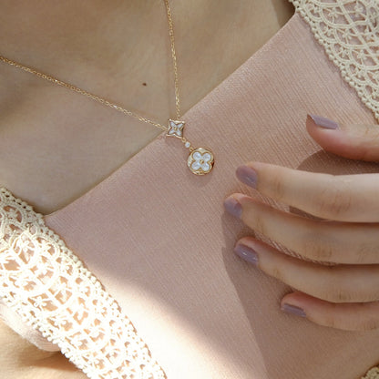 [Olivia Jewelry]STAR AND SUN WHITE MOP 2 MOTIF PINK GOLD NECKLACE