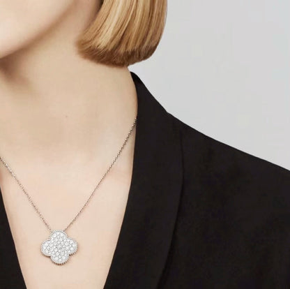 [Olivia Jewelry]CLOVER 25MM LARGE PENDANT DIAMOND PAVED SILVER NECKLACE