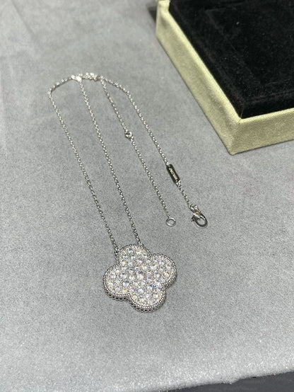 [Olivia Jewelry]CLOVER 25MM LARGE PENDANT DIAMOND PAVED SILVER NECKLACE