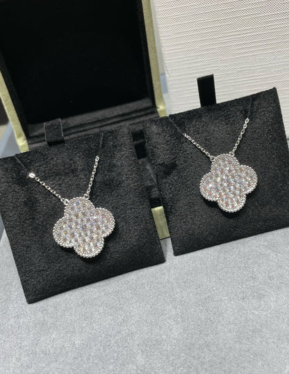 [Olivia Jewelry]CLOVER 25MM LARGE PENDANT DIAMOND PAVED SILVER NECKLACE