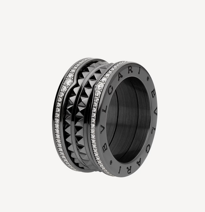 [OLIVIA]ZERO 1 ROCK FOUR-BAND BLACK CERAMIC WITH STUDDED SPIRAL AND PAVED DIAMONDS RING