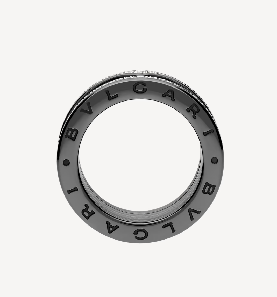 [OLIVIA]ZERO 1 ROCK FOUR-BAND BLACK CERAMIC WITH STUDDED SPIRAL AND PAVED DIAMONDS RING