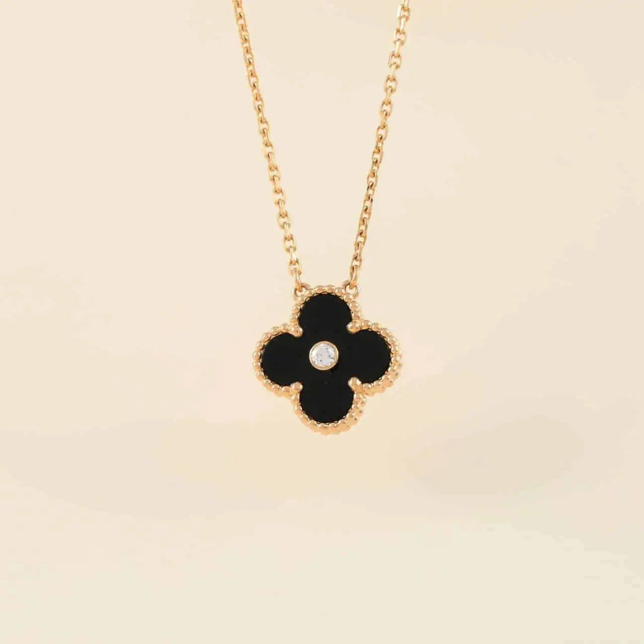 [Olivia Jewelry]CLOVER 15MM DIAMOND ONYX NECKLACE