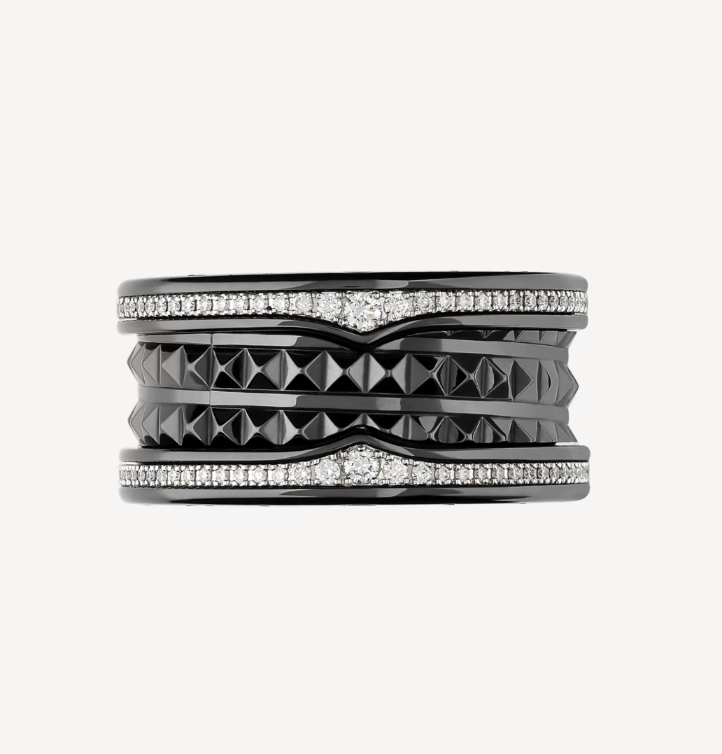 [OLIVIA]ZERO 1 ROCK FOUR-BAND BLACK CERAMIC WITH STUDDED SPIRAL AND PAVED DIAMONDS RING