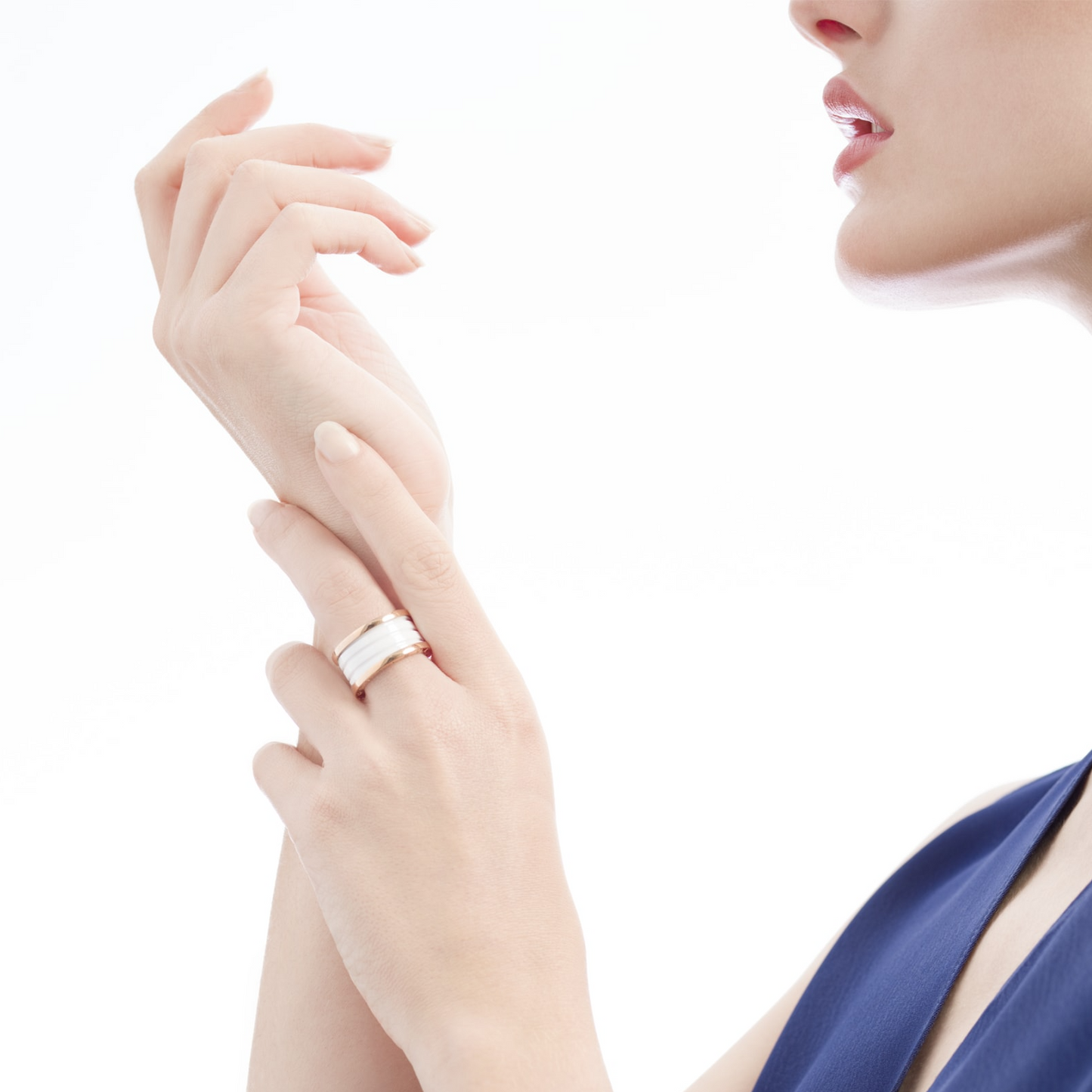 [Olivia Jewelry]ZERO 1 FOUR-BAND LOOPS AND WHITE CERAMIC SPIRAL PINK GOLD RING