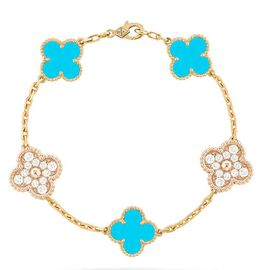 [Olivia JW]CLOVER 5 MOTIF TURQUOISE DIAMOND GOLD BRACELET
