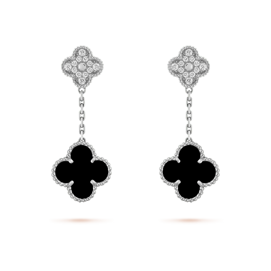 [Olivia Jewelry]CLOVER 2 MOTIFS  DIAMOND ONYX EARRINGS SILVER