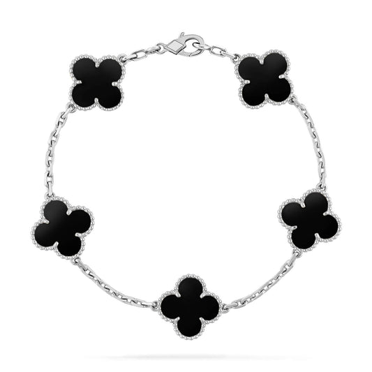 [Olivia JW]CLOVER 5 MOTIF ONYXS  BRACELET SILVER