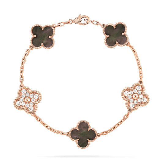 [Olivia JW]CLOVER 5 MOTIFS DARK MOP AND DIAMONDS PINK GOLD BRACELET
