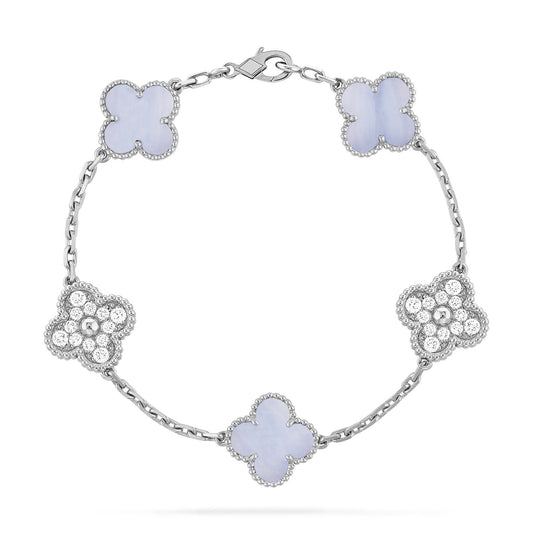 [Olivia JW]CLOVER  5 MOTIF DIAMOND PURPLE CHALCEDONY BRACELET SILVER