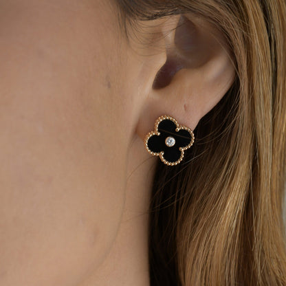 [Olivia Jewelry]CLOVER MEDIUM 1 MOTIFS ONYX DIAMOND EARRINGS