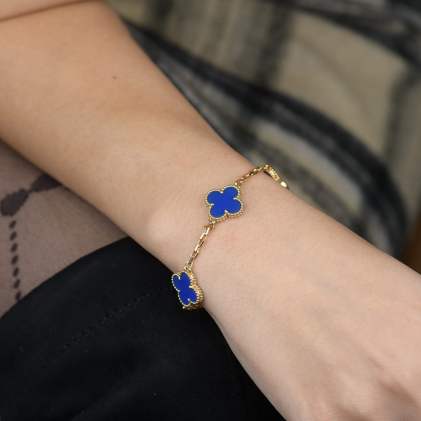 [Olivia JW]CLOVER 5 MOTIFS BLUE AGATE BRACELET