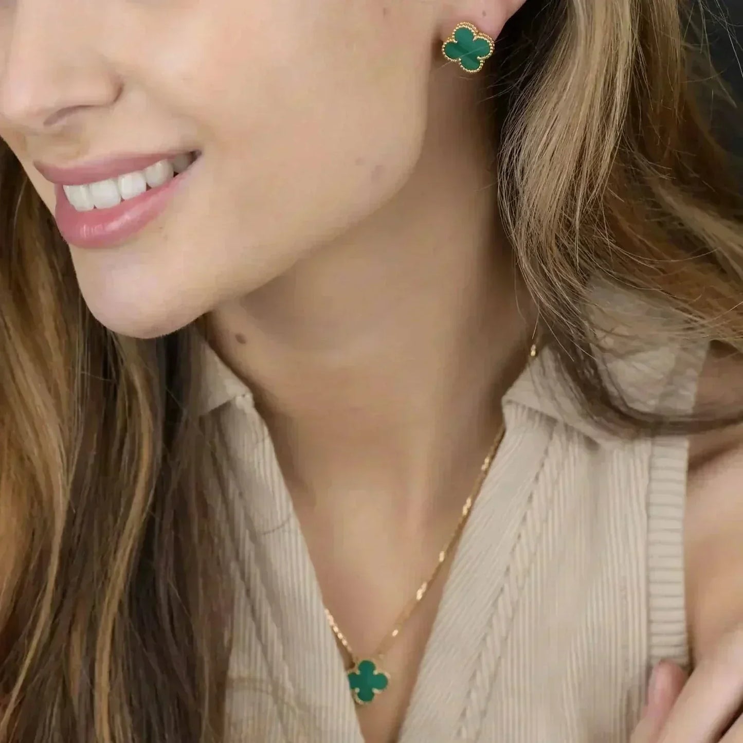 [Olivia Jewelry]CLOVER MINI 9.5MM MALACHITE  EARRINGS