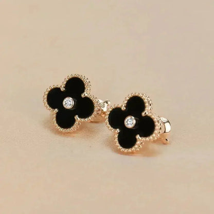 [Olivia Jewelry]CLOVER MEDIUM 1 MOTIFS ONYX DIAMOND EARRINGS