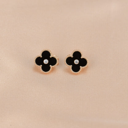 [Olivia Jewelry]CLOVER MEDIUM 1 MOTIFS ONYX DIAMOND EARRINGS