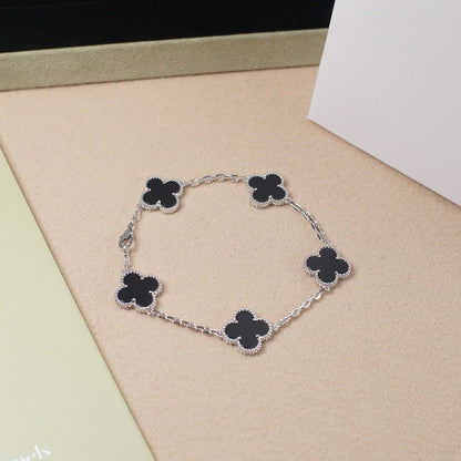 [Olivia JW]CLOVER 5 MOTIF ONYXS  BRACELET SILVER