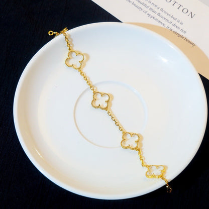 [Olivia JW]CLOVER 5 MOTIF ROCK CRYSTAL PINK GOLD BRACELET