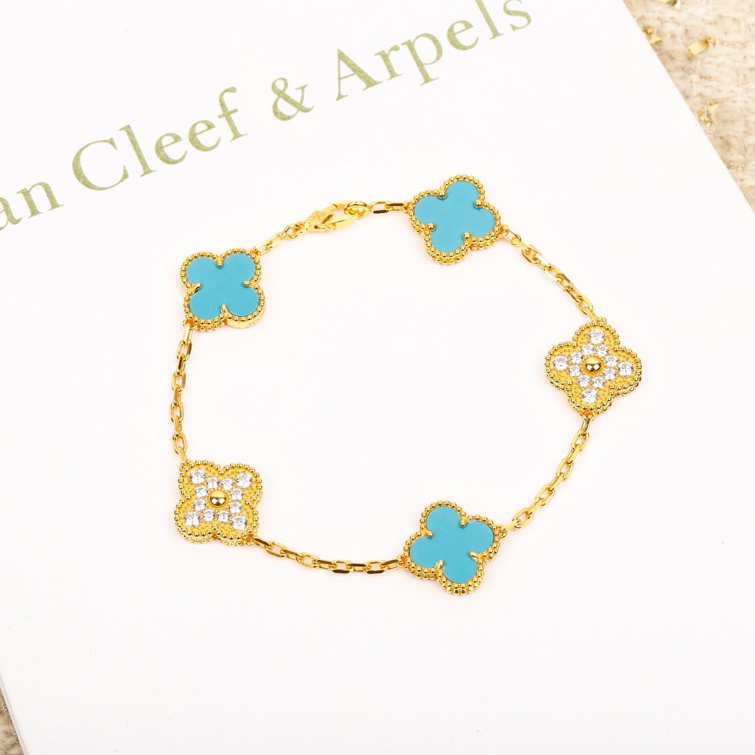 [Olivia JW]CLOVER 5 MOTIF TURQUOISE DIAMOND GOLD BRACELET