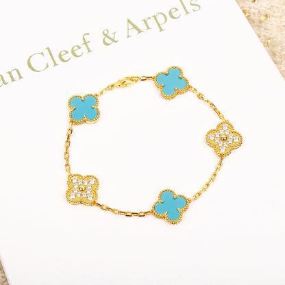 [Olivia JW]CLOVER 5 MOTIF TURQUOISE DIAMOND GOLD BRACELET