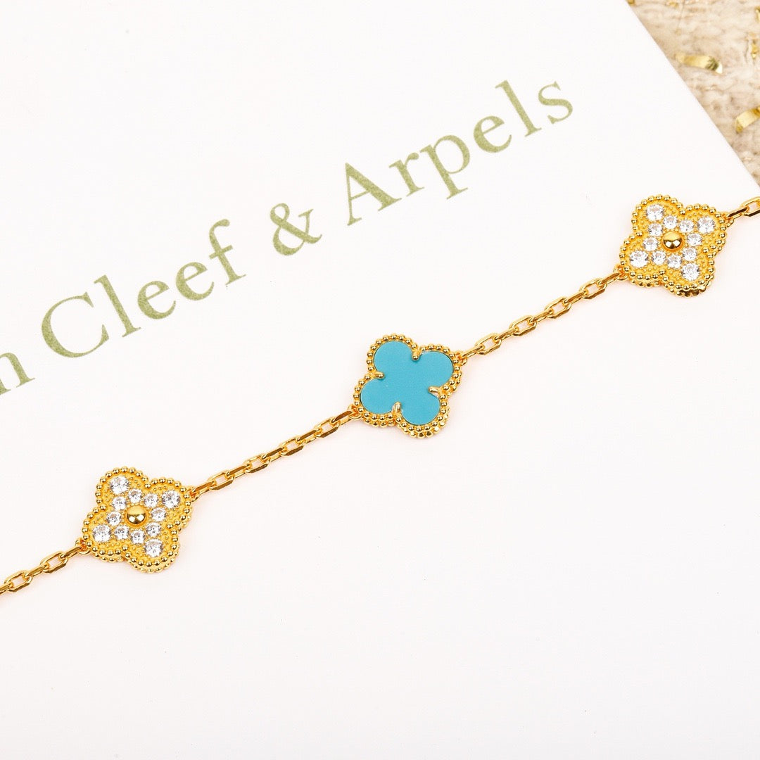 [Olivia JW]CLOVER 5 MOTIF TURQUOISE DIAMOND GOLD BRACELET