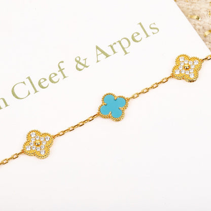 [Olivia JW]CLOVER 5 MOTIF TURQUOISE DIAMOND GOLD BRACELET