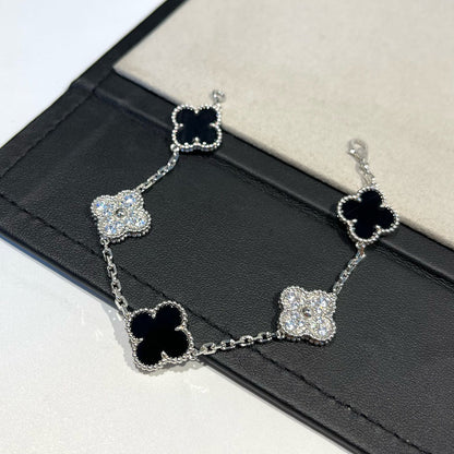 [Olivia JW]CLOVER 5 MOTIF ONYXS DIAMOND BRACELET SILVER