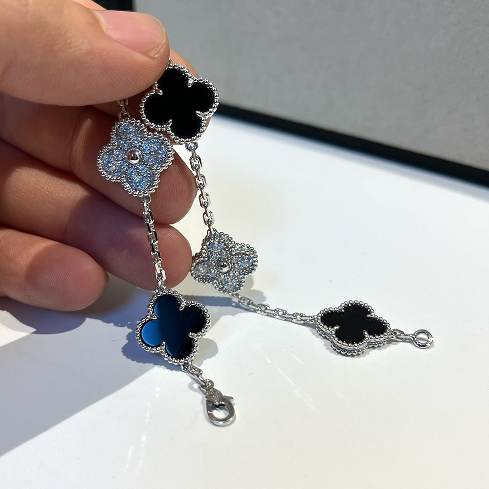 [Olivia JW]CLOVER 5 MOTIF ONYXS DIAMOND BRACELET SILVER