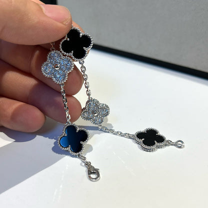 [Olivia JW]CLOVER 5 MOTIF ONYXS DIAMOND BRACELET SILVER