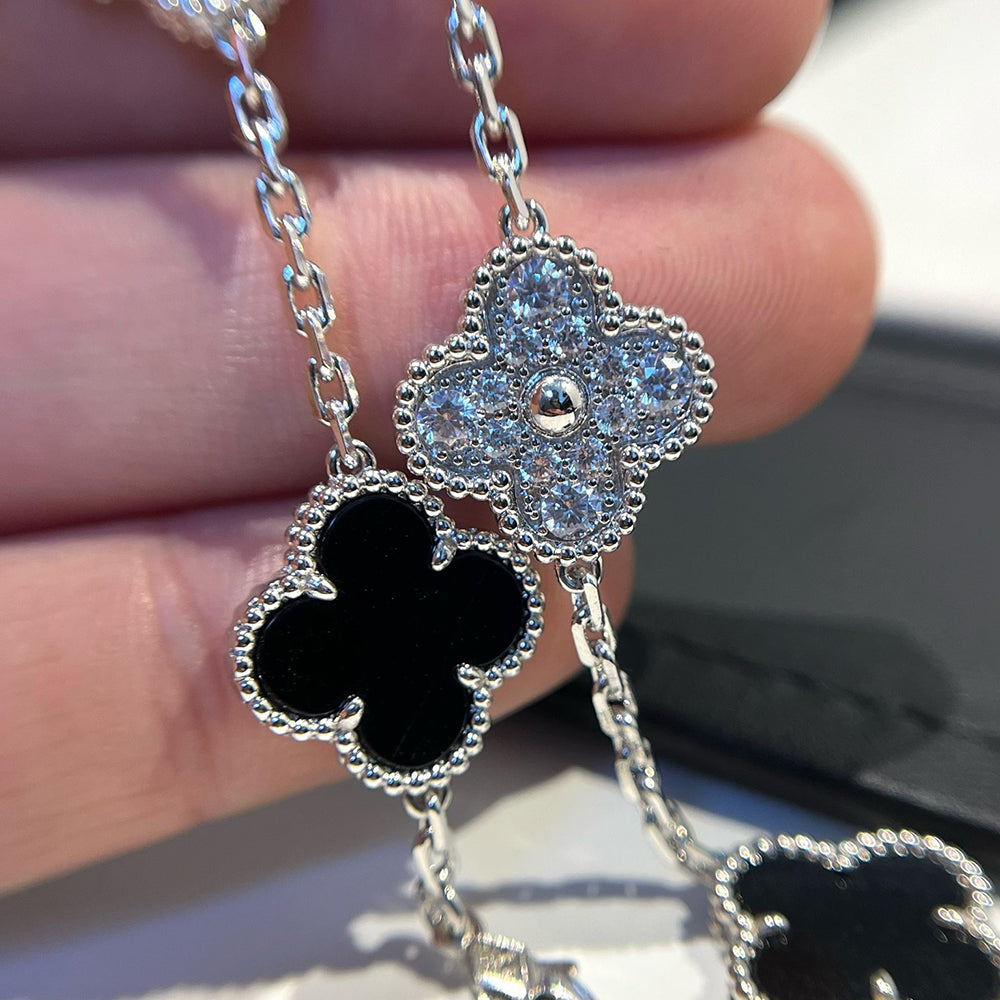 [Olivia JW]CLOVER 5 MOTIF ONYXS DIAMOND BRACELET SILVER