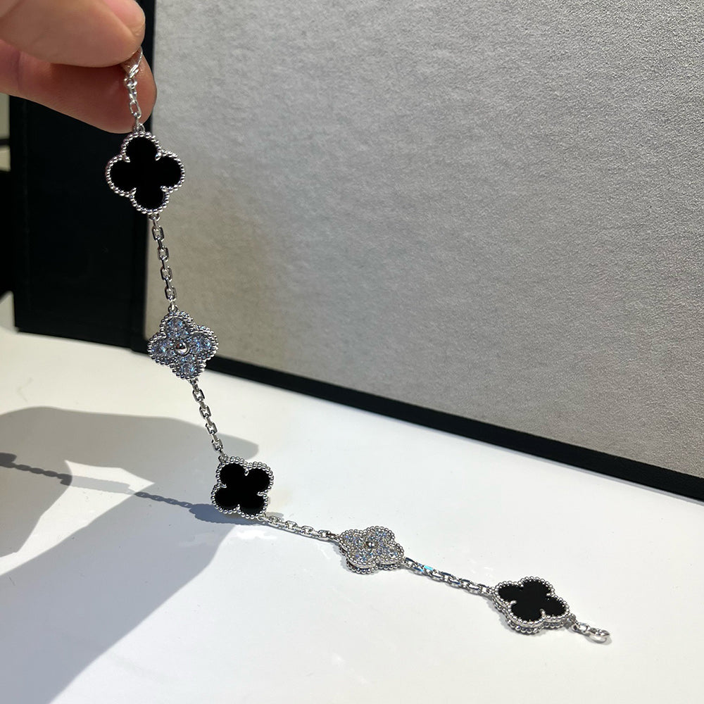[Olivia JW]CLOVER 5 MOTIF ONYXS DIAMOND BRACELET SILVER