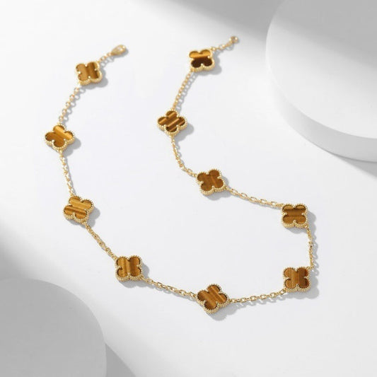 [Olivia Jewelry]CLOVER 10 MOTIFS TIGER EYE NECKLACE