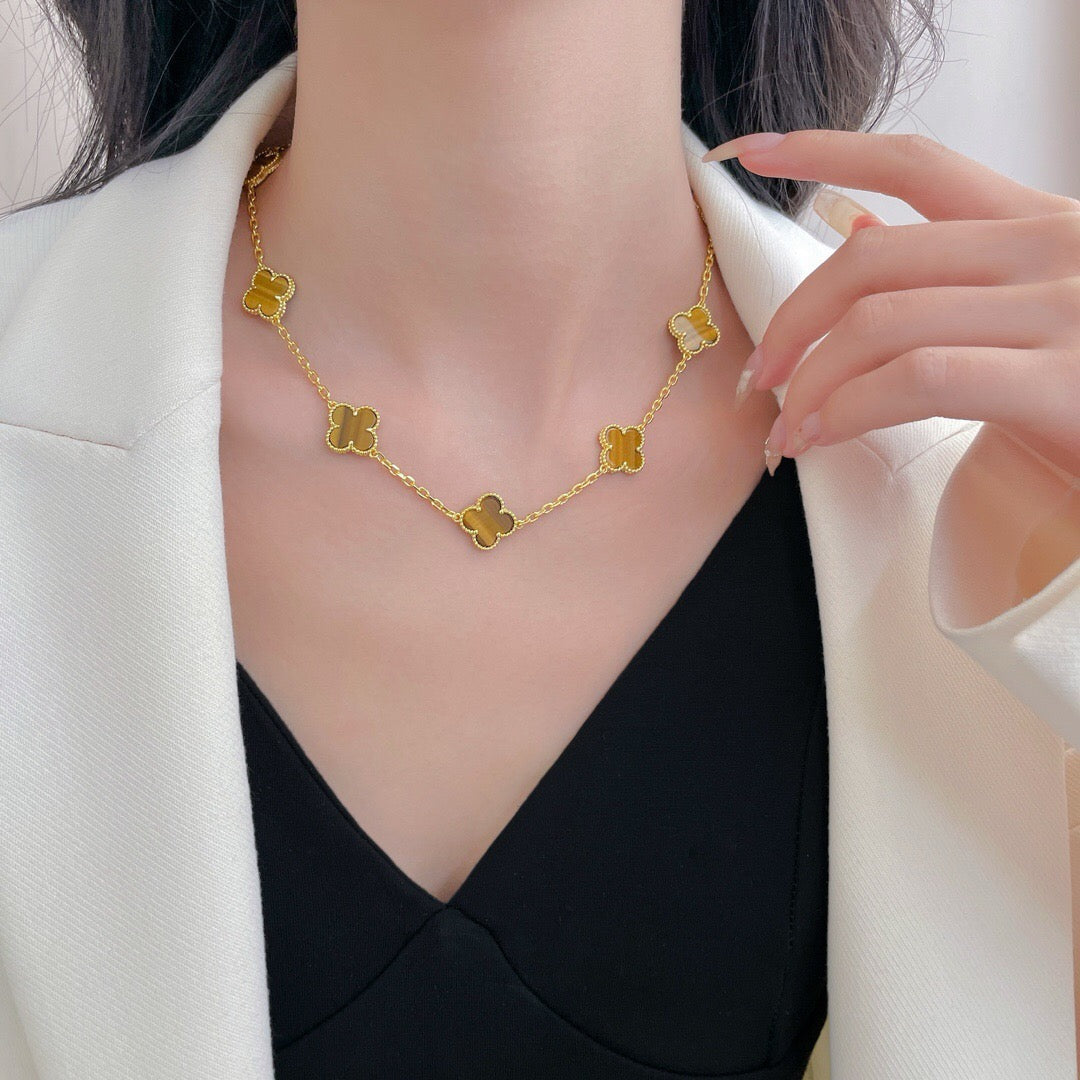 [Olivia Jewelry]CLOVER 10 MOTIFS TIGER EYE NECKLACE