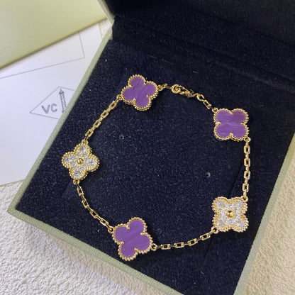 [Olivia JW]CLOVER  5 MOTIFS  PURPLE VIOLET DIAMOND BRACELET