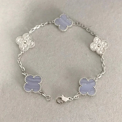 [Olivia JW]CLOVER  5 MOTIF DIAMOND PURPLE CHALCEDONY BRACELET SILVER