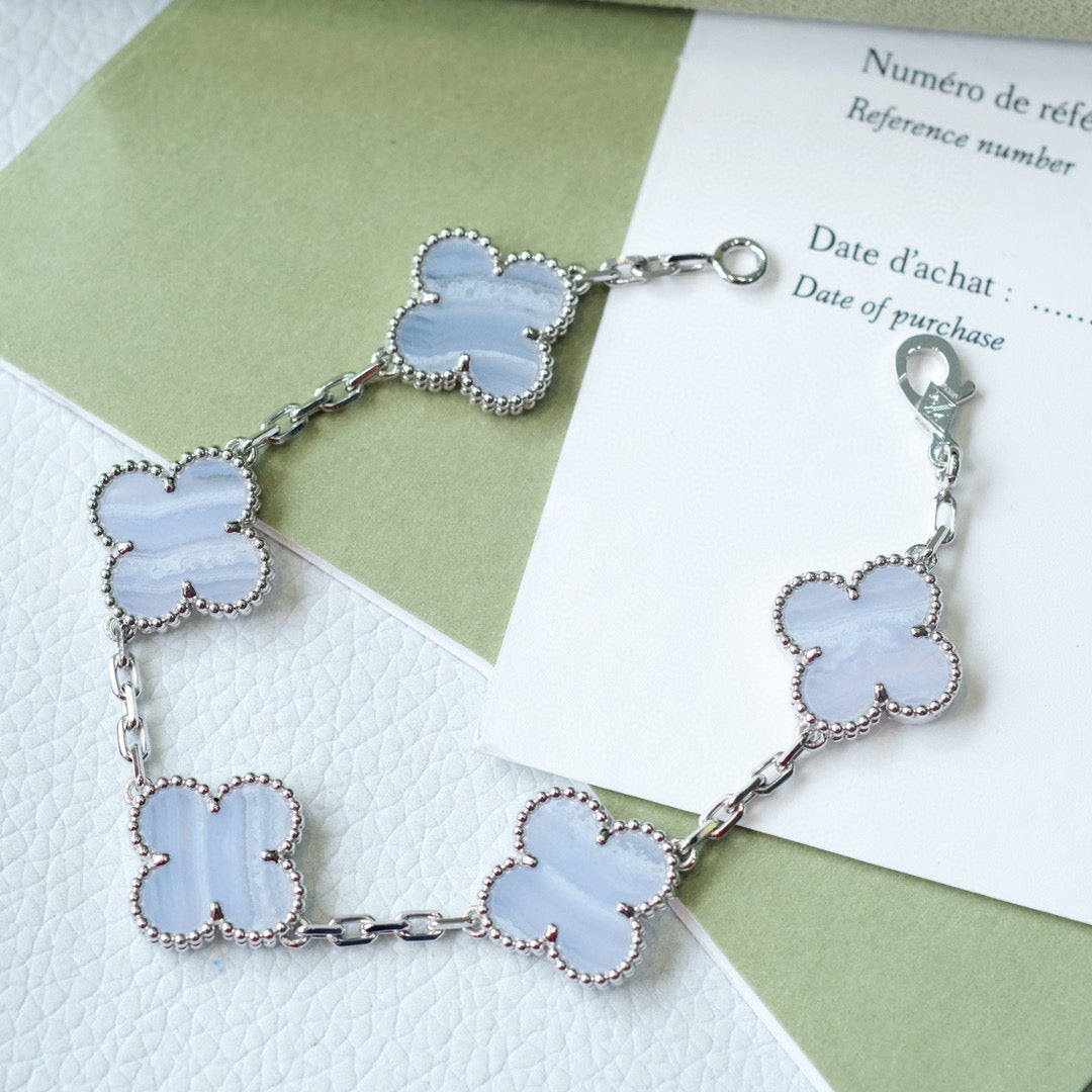 [Olivia JW]CLOVER  5 MOTIF PURPLE CHALCEDONY BRACELET SILVER