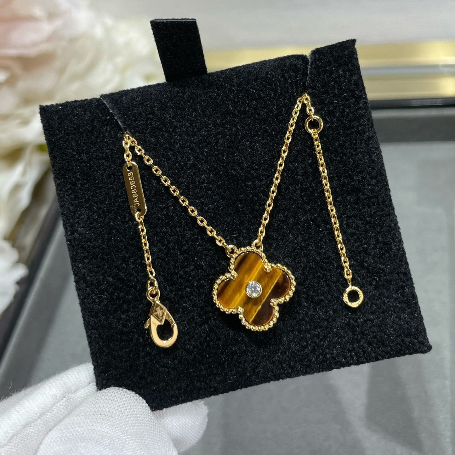 [Olivia Jewelry]CLOVER 15MM DIAMOND AND YELLOW TIGER'S EYE AGATE necklace