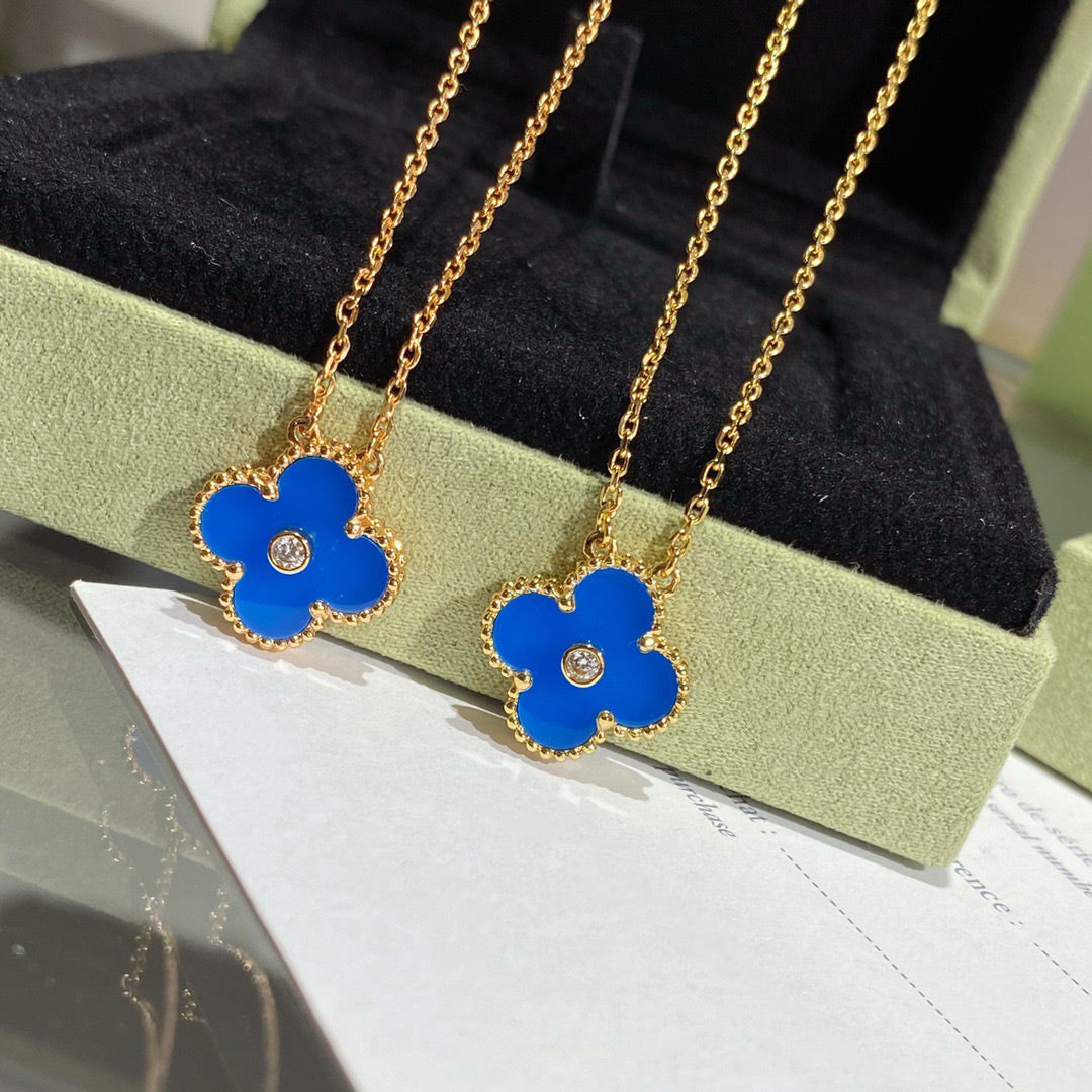 [Olivia Jewelry]CLOVER 15MM DIAMOND AND BLUE AGATE NECKLACE