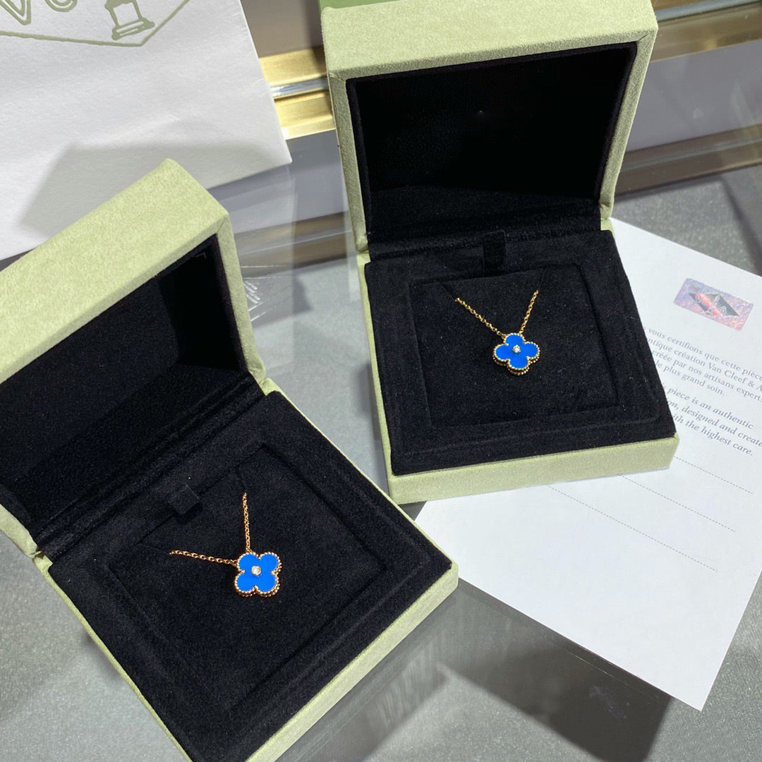 [Olivia Jewelry]CLOVER 15MM DIAMOND AND BLUE AGATE NECKLACE