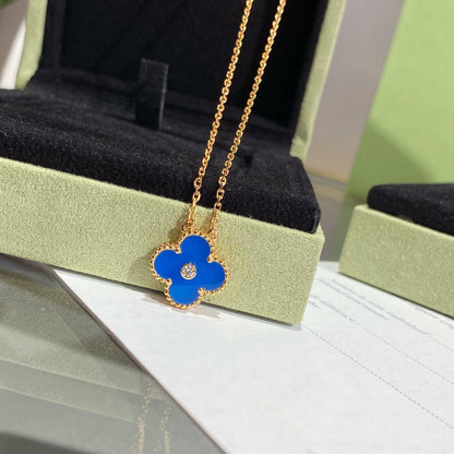 [Olivia Jewelry]CLOVER 15MM DIAMOND AND BLUE AGATE NECKLACE