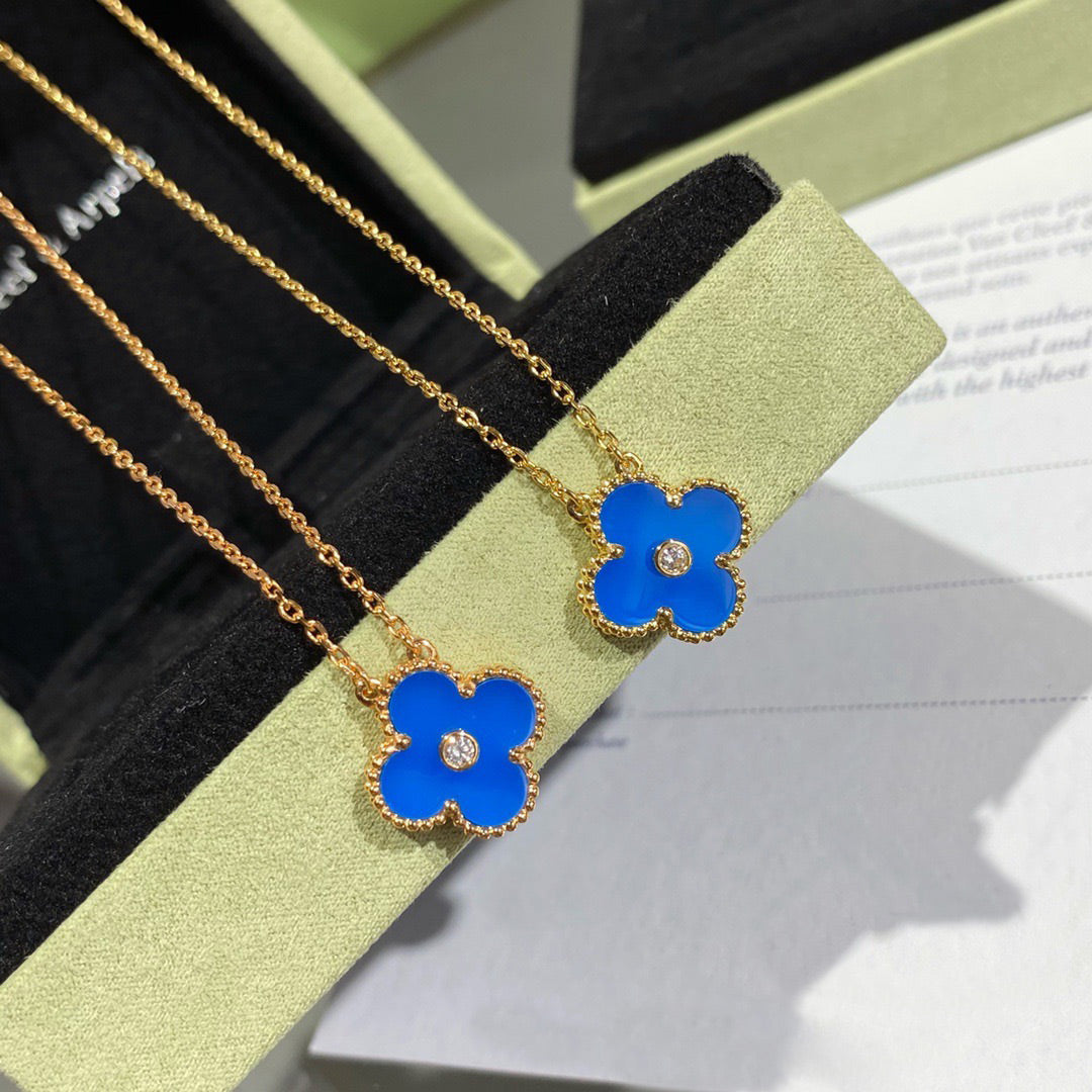 [Olivia Jewelry]CLOVER 15MM DIAMOND AND BLUE AGATE NECKLACE