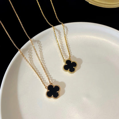 [Olivia Jewelry]CLOVER 15MM BLACK ONYX SINGLE FLOWER NECKLACE