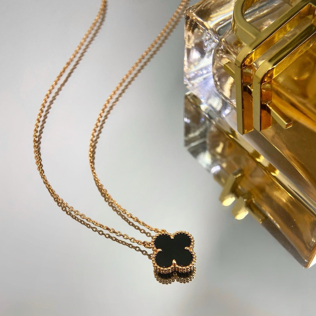 [Olivia Jewelry]CLOVER 15MM BLACK ONYX SINGLE FLOWER NECKLACE
