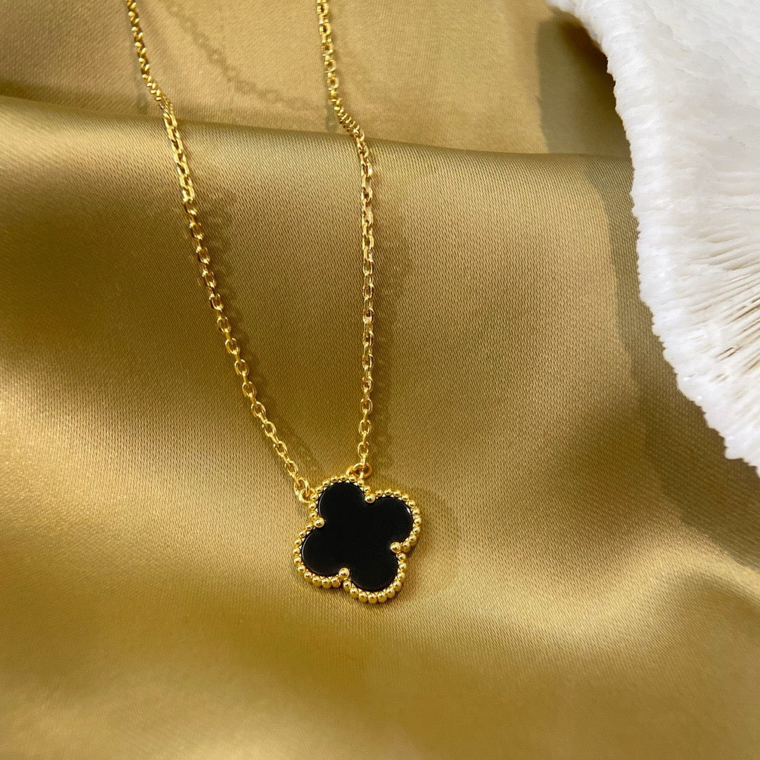 [Olivia Jewelry]CLOVER 15MM BLACK ONYX SINGLE FLOWER NECKLACE