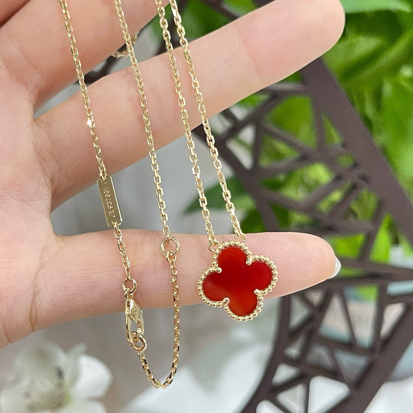 [Olivia Jewelry]CLOVER 15MM CARNELIAN SINGLE FLOWER NECKLACE