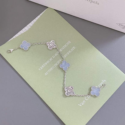 [Olivia JW]CLOVER  5 MOTIF DIAMOND PURPLE CHALCEDONY BRACELET SILVER
