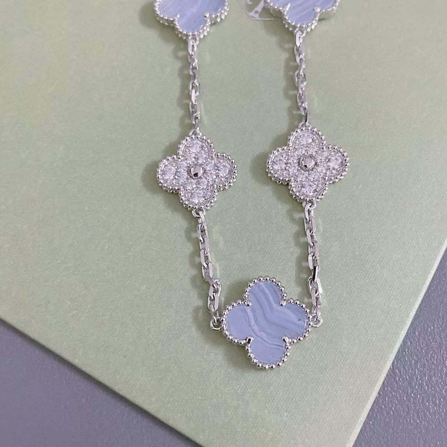 [Olivia JW]CLOVER  5 MOTIF DIAMOND PURPLE CHALCEDONY BRACELET SILVER