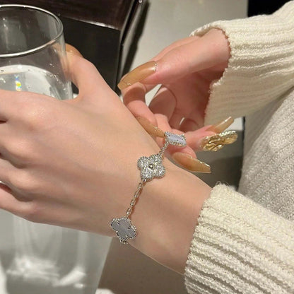 [Olivia JW]CLOVER  5 MOTIF DIAMOND PURPLE CHALCEDONY BRACELET SILVER