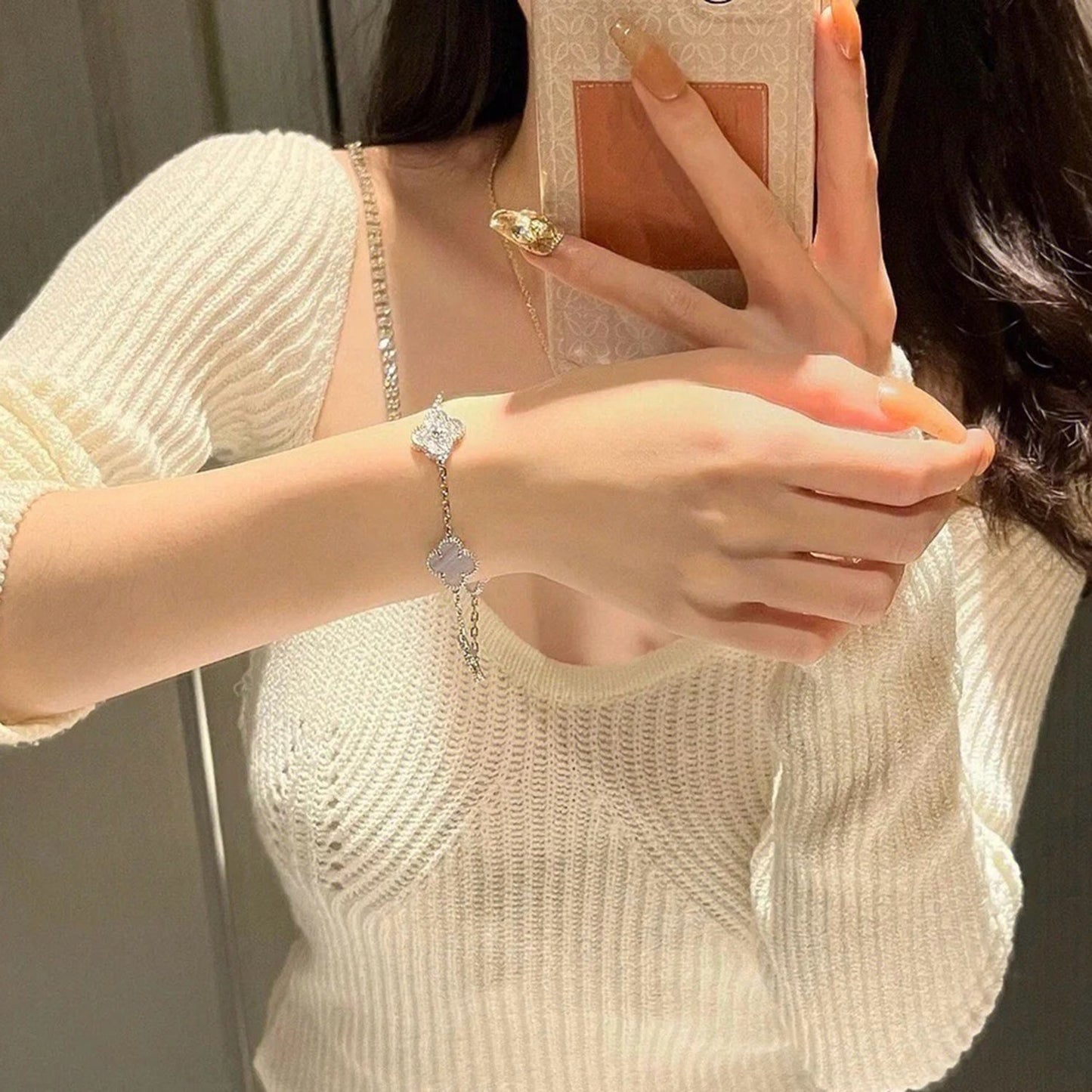 [Olivia JW]CLOVER  5 MOTIF DIAMOND PURPLE CHALCEDONY BRACELET SILVER