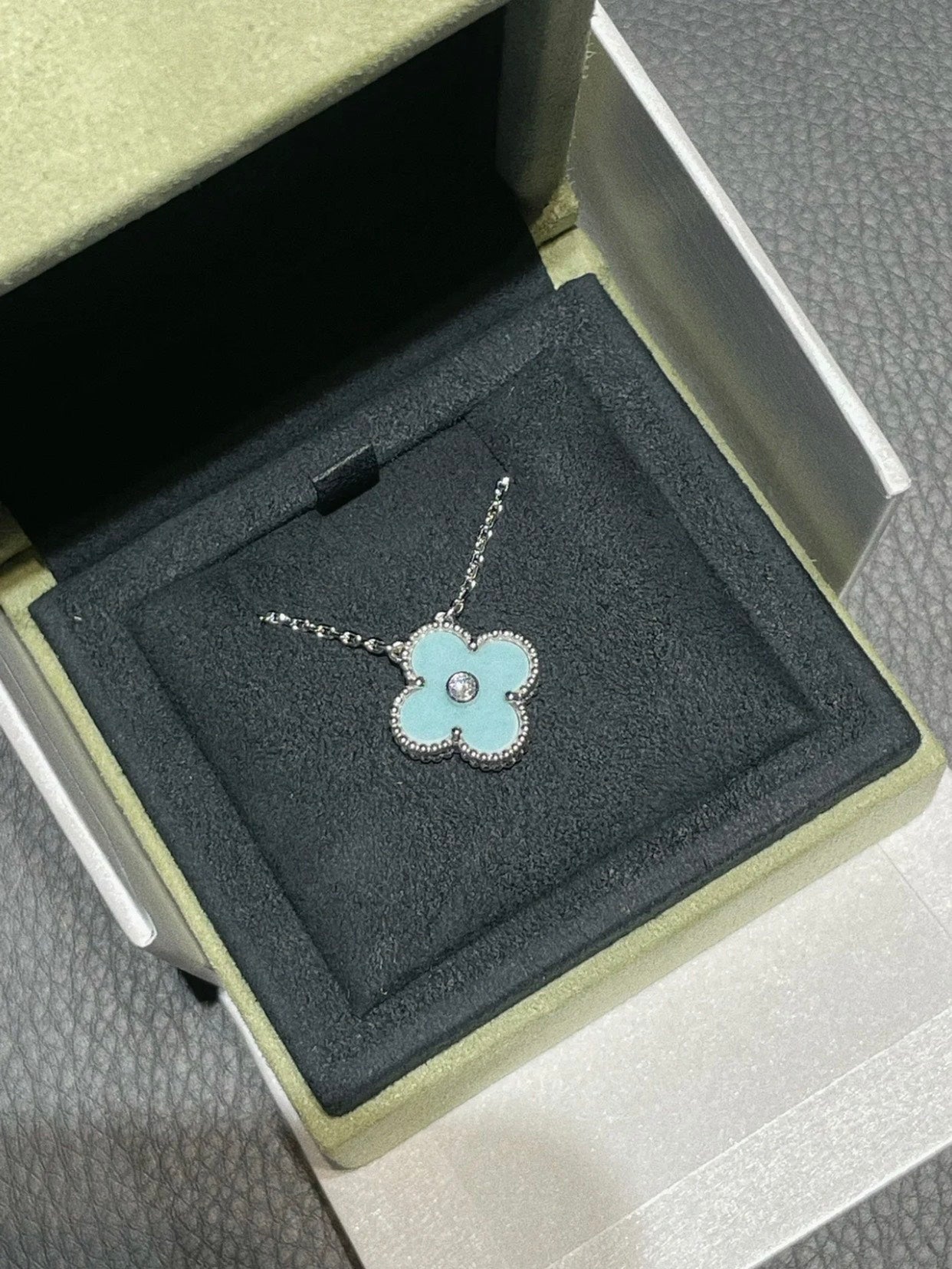 [Olivia Jewelry]CLOVER 1 DIAMOND LIGHT BLUE SILVER NECKLACE