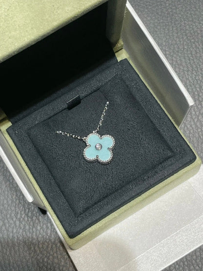 [Olivia Jewelry]CLOVER 1 DIAMOND LIGHT BLUE SILVER NECKLACE